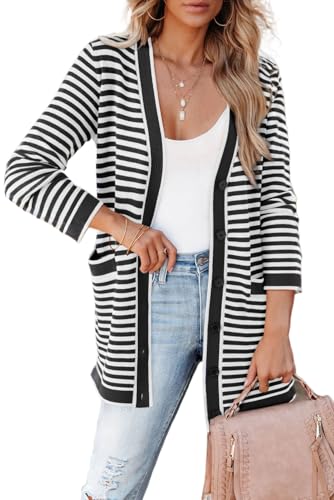 Women's Black Stripe Long Sleeve Button Up Tunic Cardigan