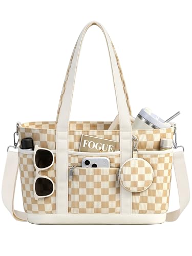 BESBESME Corduroy Tote Bag for Women with Laptop Compartment & Cup Holder Work Tote with Zipper Adjustable Strap Coin Purse Shoulder Handbag for Teacher College Travel Bible Beige Checkered M