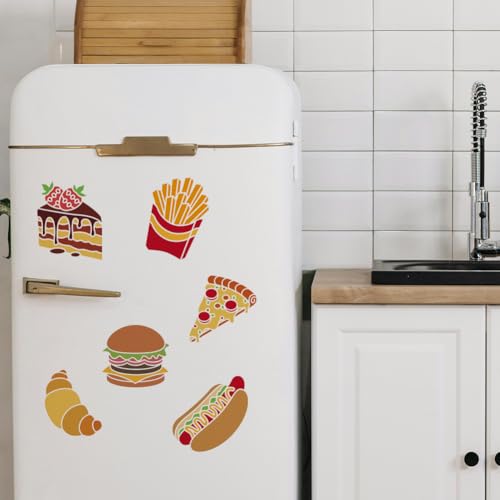 MAYJOYDIY 9 PCS Popular Food Painting Stencils 5.9x5.9 Inches Hamburgers Hot Dogs Reusable Stencils Donut French Fries Drawing Stencil Templates with Paint Brush for Wood Furniture Wall Canvas