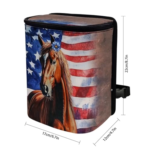 Image of Talayituse Horse Daisy American Flag Print Car Trash Can with Adjustable Straps, Zip Closure Car Trash Bag Bin Auto Garbage Bag Multipurpose Storage Box for Vehicle Travel Camping Picnicing