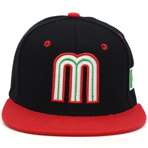 Mexico Snap Back Hat Flag 3D M Flat Bill Mexico Baseball Acrylic Cap New (Black/Red)