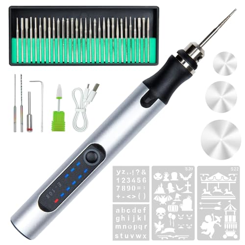 FEXPDL Engraving Pen Kit, Electric Engraving Tool USB Rechargeable DIY Etching Pen for Carving Glass Wood Metal Stone Plastic Nails Jewelry (Silver)