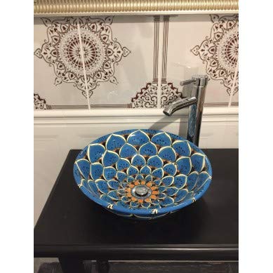 Vasque à Poser Céramique Bleue Fait Main – Style Talavera (Casandra, 44cm, Cerames)