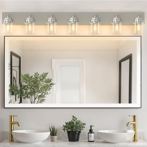 Image of IZORRO Bathroom Vanity Light Fixture, 7-Light 52 inch Brushed Nickel Bathroom Light Fixtures Over Mirror, with Clear Glass Shade, Modern Farmhouse Vanity Lights, Rustic Restroom Lighting Fixtures
