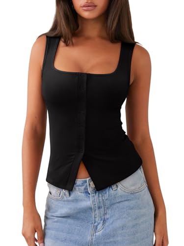 REORIA Womens Sexy Ribbed Button Down Square Neck Tank Tops Trendy Y2K 2026 Summer Sleeveless Going Out Vest Crop Tops (Black Medium)