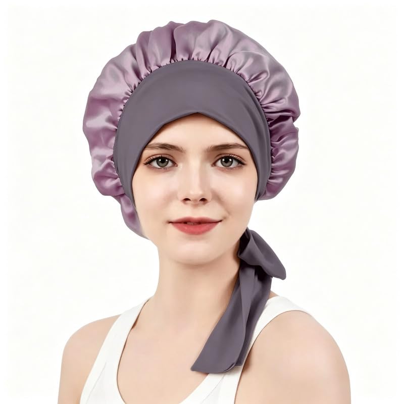 100% Mulberry Silk Bonnet for Sleeping Women, Double-Layer Sleep Cap with Tie Band, Sleep Cap for Hair Care Black