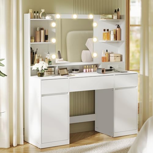 VASAGLE Kailyn Collection - Vanity Desk with Mirror and 9 LED Bulbs, Vanity Makeup Table with Power Outlets, Dressing Table with 2 Cabinets, for Bedroom, Cloud White URDT142WB01S 15.7"D x 43