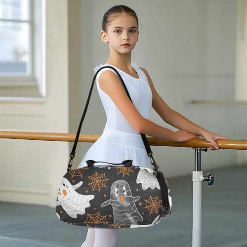 Duffle Bag for Boys or Girls with Shoes Compartment, Halloween Ghosts Spider Webs Sports Travel Bag Overnight3