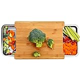 Schneidbrett mit Auffangschale, Bambus Schneidebrett 40x 30x 7,2 mit 2 Fächern aus Edelstahl SS304:,Holzbrett Set für die Küche, Küchen Brett Küchenhelfer