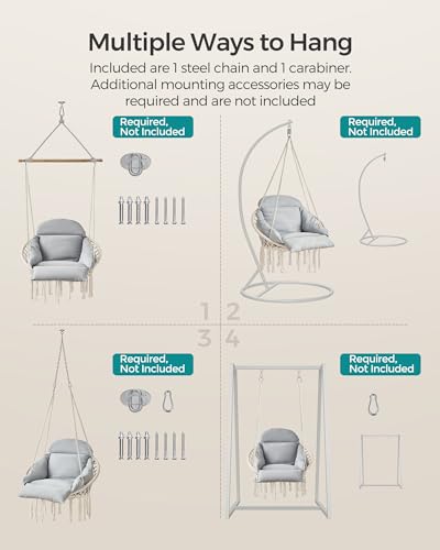 Image of SONGMICS Hanging Chair, Hammock Chair with Large, Thick Cushion, Boho Swing Chair for Bedroom, Patio, Balcony, Garden, Holds up to 264 lb, Accessories Included, Cream White and Dove Gray UGDC042G01 | Hammock Chair with Large, Thick Cushion, Boho Swing Chair for Bedroom, Patio, Balcony, Cream White and Dove Gray UGDC042G01