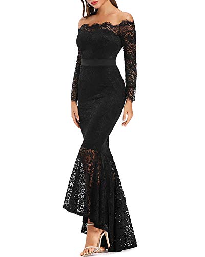 LALAGEN Women's Floral Lace Long Sleeve Off Shoulder Wedding Mermaid Dress Eyelash L Black