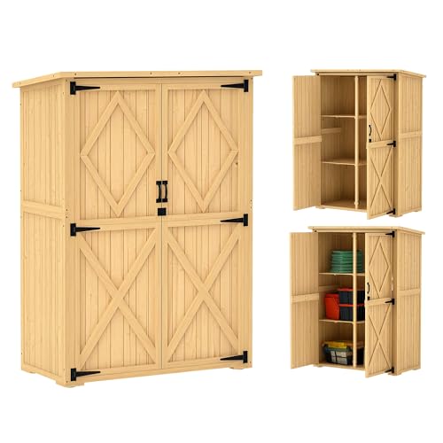 Outsunny Gartenschrank Holz, Geräteschuppen mit Abschließbar Doppeltür Asphalt-Dach Ablage 116,5x57x167cm, wetterfest Geräteschrank, Gerätehaus Gartenschuppen für Garten, Terrasse, Naturholz