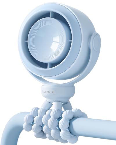 Image of SWEETFULL Portable Stroller Fan, Pinch-Proof Baby Fan - Blue | Wide Turbine Airflow; Safe Design; LED Display; 5-Speed; 30dB Quiet; USB-C Rechargeable; Mini Clip On Fan for Car Seat & Bed