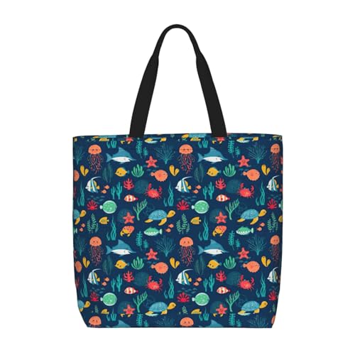 FBGHHTY Bolsa de hombro de gran capacidad con estampado de tortugas y medusas de océano para mujer, reutilizable, ligera, para viajes diarios