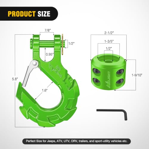 Image of Nilight Forged Steel Winch Hook 3 /8 inch Grade 70 Safety Latch Winch Cable Hook Stopper & Clevis Slip Hook Sets, Included Allen Wrench,Max 35,000 lbs, Green