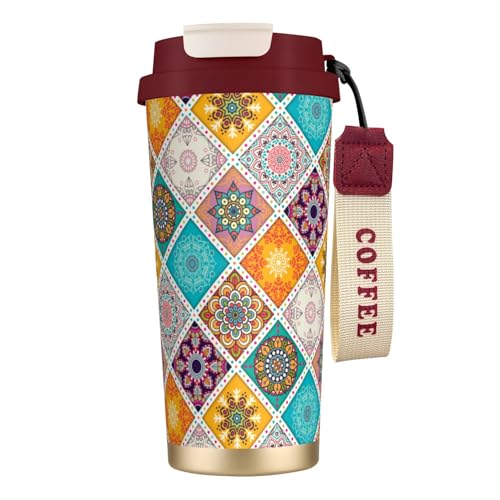 タンブラー エスニック柄 マンダラ柄 曼荼羅 マグボトル コーヒーカップ 水筒 保温 保冷 ウォーターボトル 蓋付き ストロー付き 直飲み おしゃれ プレゼント