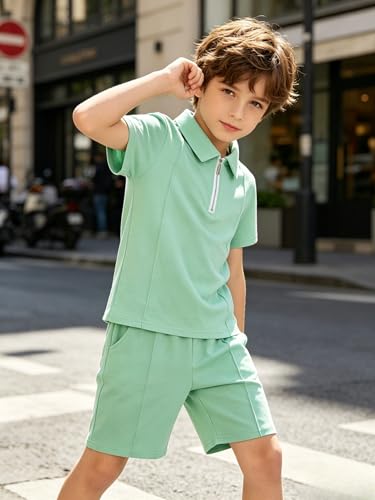 Image of Yoxindax Boys Clothes 2-Piece Casual Street Style Turn-Down Collar Half Zip Kids 4-12 Years Teen Boys Summer Outfits