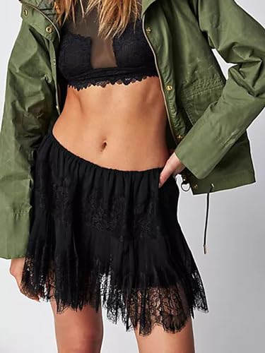 Women Y2K Lace Tiered Mini Skirt Summer Ruffled Pleated Lace Trim Half Slip Low Rise Flowy Short Skirts Underskir4