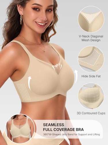 COCOMARTS Jelly Bras for Women No Underwire Seamless Push Up Bra Nude,XL | Full Coverage Wireless V-Mesh Neck Bralette,Comfortable Support&Lift with Adjustable Straps,Everyday Soft T-Shirt Bra - image 3