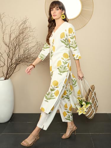 Image of INDO ERA Women Cotton White Printed Straight Kurta Pant Set