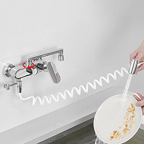 Robinet de cuisine mural en laiton chromé orientable à 360° avec douchette