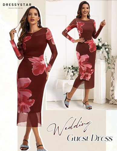 Dressystar Women’s Floral Print Bodycon Maxi Dress 2025 Summer Fall Ruched Long Sleeves Mesh Formal Wedding Guest Dresses2