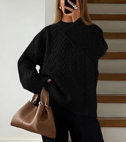Okiwam Women's Oversized Sweaters Crewneck Cable Knit Pullover Casual Loose Fall Outfits Spring Fashion Clothes 2026-XL Black — view 6