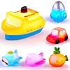 6 Packs No Hole Boat Bath Toy Set, Light up Changing Color in Water, Floating Rubber Bathtub Toys for Baby Toddler Infant Boy Girl Kid Play, Led Growing Pal in Shower Bathroom Tub or Swimming Pool