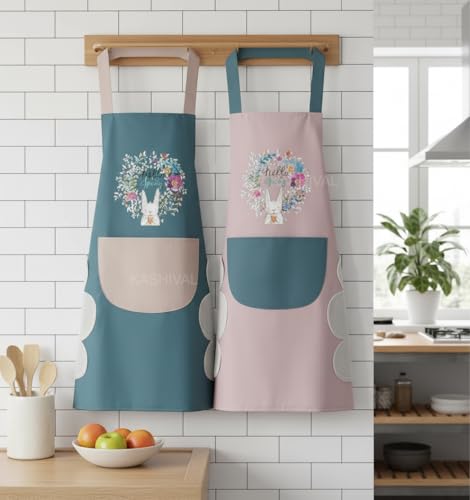 Image of KASHIVAL Waterproof Kitchen Apron for Women with Big Front Pocket & Integrated Hand-Wiping Towel, Oil-Proof Cooking Apron for Baking & Grilling, Stain-Resistant Multi Design
