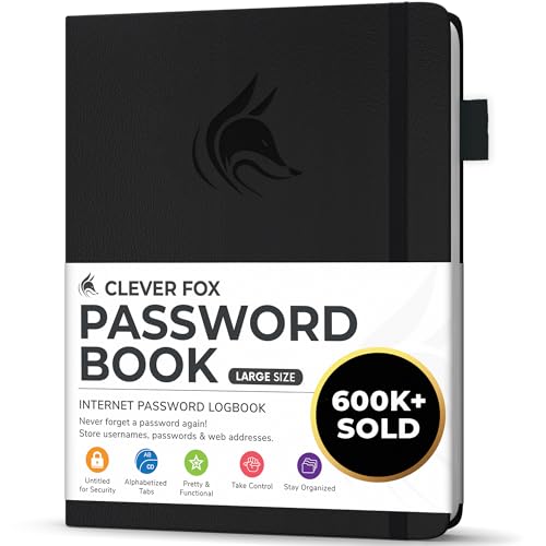 Clever Fox Password Book with alphabetical tabs. Internet Address Organizer Logbook. Large Password Keeper for Website Logins (Black)