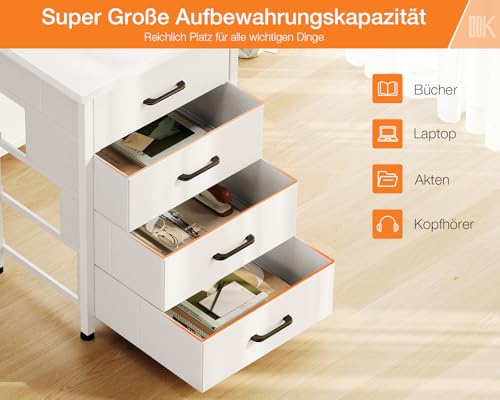ODK Eckschreibtisch Weiß, Schreibtisch L Form mit Stauraum, 160x80x84.7cm L-förmiger Schreibtisch mit 2 USB Ladeanschluss&2 Steckdose, Tisch L Form mit 4 Schubladen&Monitorablage für Homeoffice