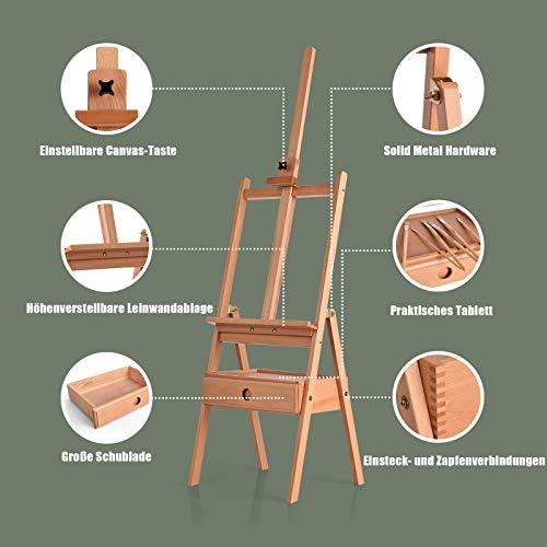 Caballete de artista con estante y cajón, caballete de madera de haya, caballete ajustable, caballete de estudio para lienzos de hasta 92 cm, caballete de suelo