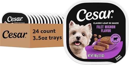 Image of Cesar Classic Loaf in Sauce Wet Dog Food, Filet Mignon, 3.5 oz, 24 Count | Made in USA, Real beef #1 ingredient, no fillers /added sugar /artificial flavors, use as meal or topper, easy peel trays