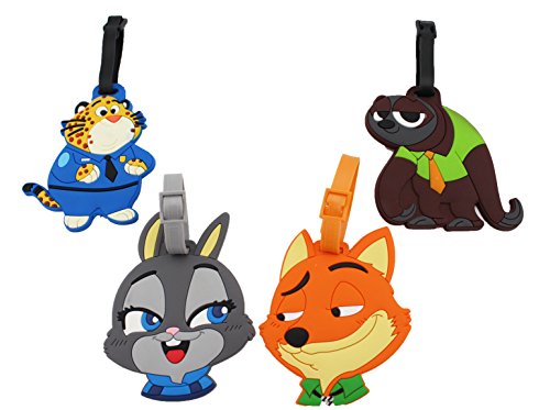 Finex 4 Pcs Set Zootopia Judy Hopps Nick Wilde Flash Silicone Travel Luggage Baggage Identification Labels ID Tag for Bag Suitcase Plane Cruise Ships with Belt Strap