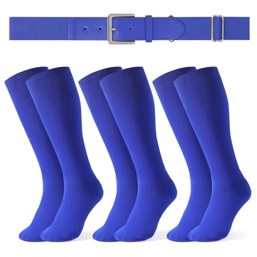 LEACOOLKEY Baseball Belt and Socks Combo Set 3 Pairs of Softball Socks and 1 Pack Elastic Belt for Youth and Adult