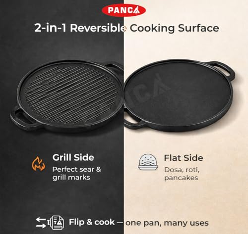Image of PANCA Pre-Seasoned Cast Iron Dosa Tawa 30 cm | Heavy Roti /Chapati Tawa for Gas & Induction | Chemical-Free, Naturally Non-Stick Pan (2 in 1 Grill Tawa)