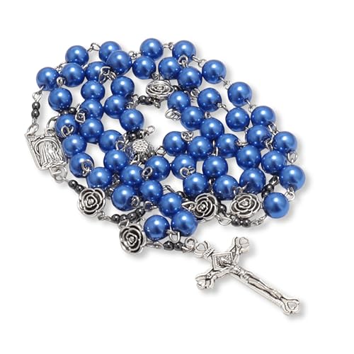 Nazareth Store Pearl Beads Rosary Metal Mystery Roses with Hematite stones, Catholic Rosary Necklace Our Rose Lourdes Medal & Cross Crucifix