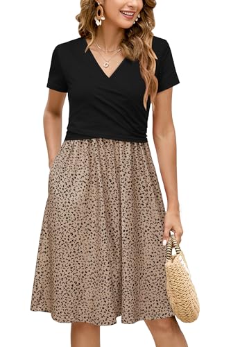Image of OUGES Maternity Nursing Dress Breastfeeding Short Sleeve V Neck Casual Pregnancy Clothes with Pockets