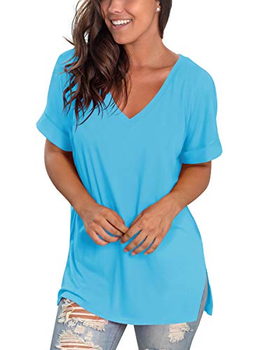 Image of Sampeel Women's V Neck T Shirts Casual Rolled Short Sleeve Side Split Summer Tops Loose Fit