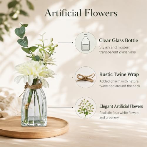 Image of CURATED CART Artificial Flower in Glass Vase for Home Decor, Small Mini Fake Plant, Realistic White and Green Faux Flower Bunch for Home, Office, Tabletop, Maintenance-Free