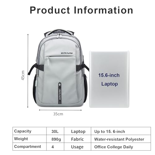 Image of Arctic Hunter Lightweight Laptop Backpack 15.6 inch Shock-Resistant Compartment 7-Pocket Organized Design USB Charging Port Water-Resistant 30L Travel Daypack with YKK Zippers (Grey)