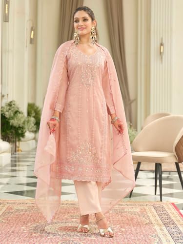 Image of INDO ERA Women's Silk Blend Floral Embroidered Straight Kurta & Pant With Dupatta Set (IEOUT12442)