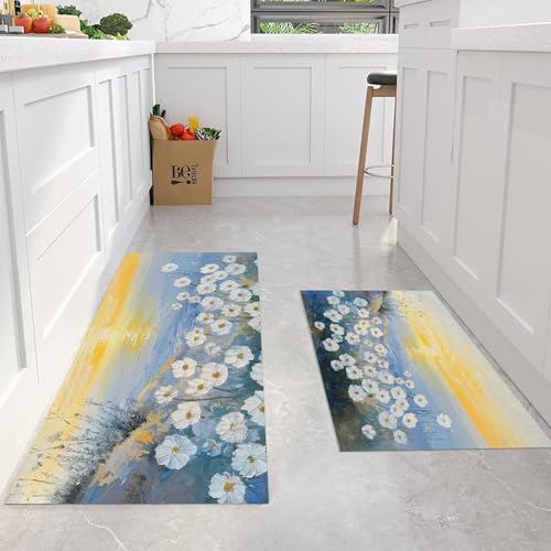 Alfombras cocina antifatiga decorativas en pasillo y entrada juego de tapetes flores blancas 4
