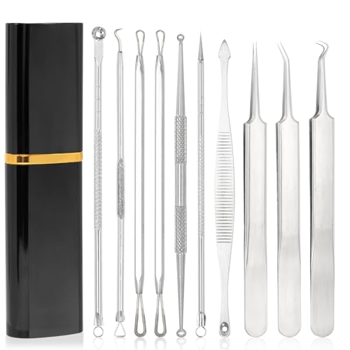 Komedonenquetscher Set, 10 Stücke Pickel Ausdrücken Werkzeug, Mitesserentferner, Milien Entferner Mit Aufbewahrungsbox Mitesser Entferner für Nasen, Gesichtspflege (Silbrig)
