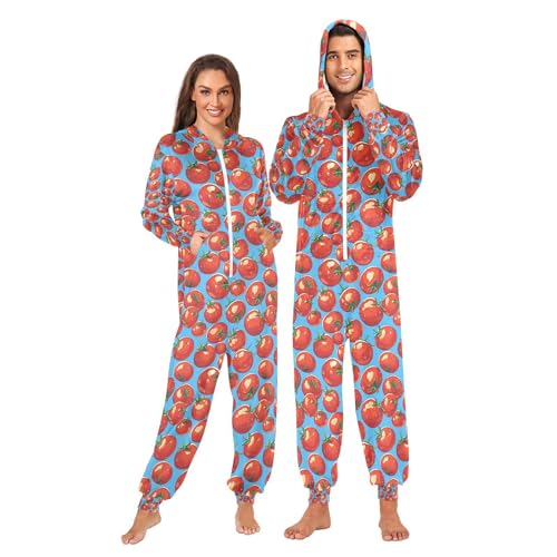 Wudan Pijama enterizo para adultos con capucha, pijama de dibujos animados, color azul, Dibujos animados Tomatos Azul, Large