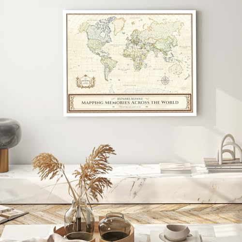 Image of DECORARTS - Large World Travel Map with Pins, Pin Board Canvas Wall Art, Colorful Classic Maps for Wall, Giclee Print on Canvas, Handcrafted in USA, 35x28''