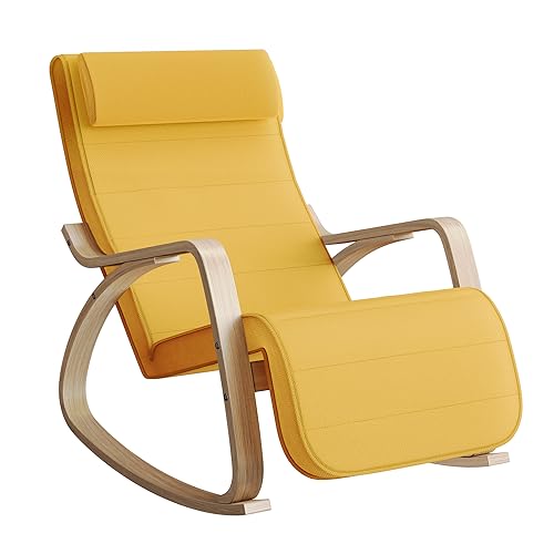 SONGMICS LYY010Y01 fotel bujany, z podłokietnikami z drewna brzozowego, 5-stopniowa regulacja podnóżka, obciążenie do 150 kg, do sypialni, salonu, pastelowo-żółto-naturalny kolor