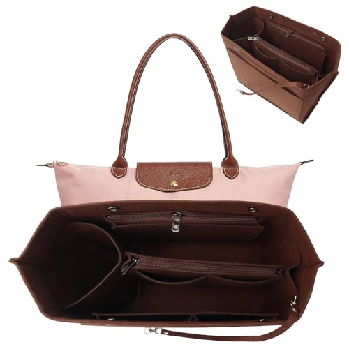 AIYJWXINP Bag Insert Organizer Handbag Organiser Insert Multi-Pocket Felt Handbag Organizer With Zipper for Insert Wallet Organizer Folding Tote Bag Organizer Insert for Longchamp (brown L)