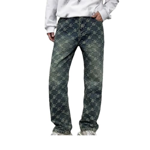 Men's Embroidered Printed Jeans Retro High Street Loose-Fitting Wide-Leg Pants