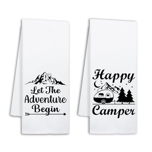 NAHMAKNE Funny Camping Kitchen Towels Set of 2, Let The Adventure Begin, Decorative Dish Towels for RV Campsite, Happy Camper Gifts, Camping Accessories Gifts for RV Owner Camper Lover Hiker Friend